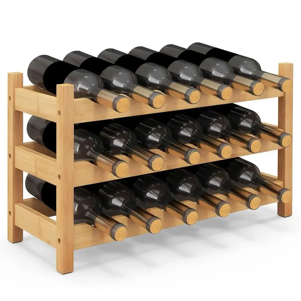Giantex Bamboo Wine Rack 3 Tier 18 Bottle Freestanding Wine Storage Shelf